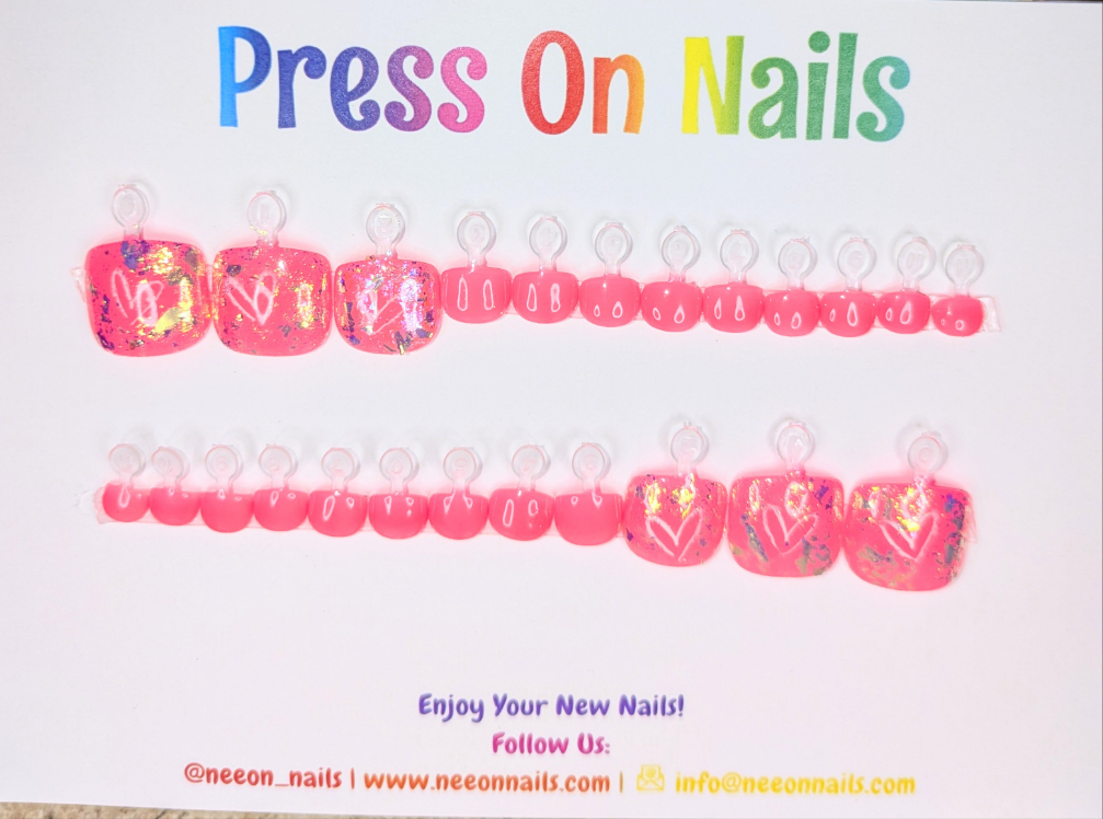 Hot Pink Heart Glow Gel Toe Nails